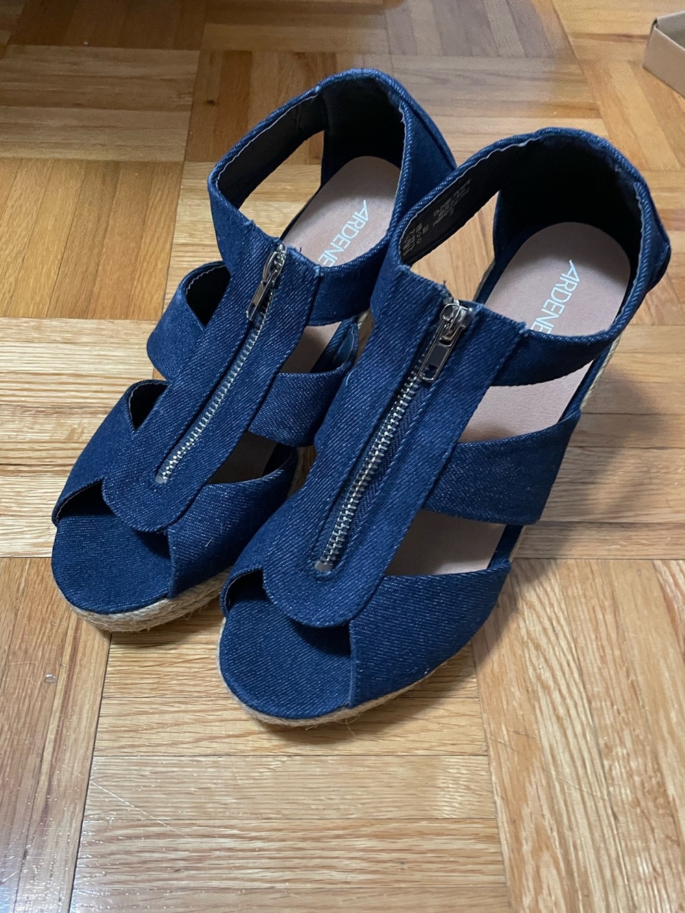 Ardene Dark Blue Denim Wedge Sandals with Front Zip